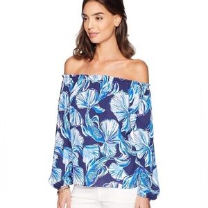 Lilly Pulitzer Lou Lou Off The Shoulder Top Bright Navy in Reel Life size xs